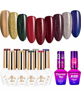 MollyNails Story Time Zestaw 9 Lakierów Hybrydowych Do Paznokci 8g + Baza X-Bond Base 10g + Top Doctor Top 10g