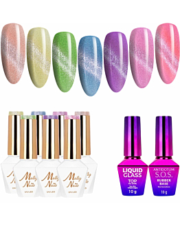 MollyNails Cat Eye Crystal Water Wiosna Zestaw 7 Lakierów Hybrydowych Do Paznokci 8g + Baza Top