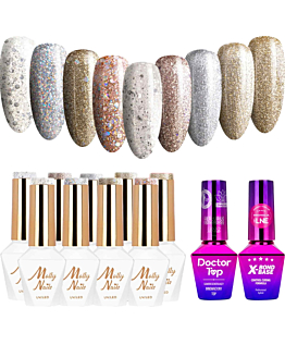 MollyNails Queens Of Life Zestaw 9 Lakierów Hybrydowych Do Paznokci 8g + Baza X-Bond Base 10g + Top Doctor Top 10g