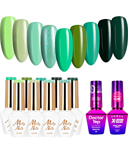 MollyNails Green Party Zestaw 9 Lakierów Hybrydowych Do Paznokci 8g + Baza X-Bond Base 10g + Top Doctor Top 10g