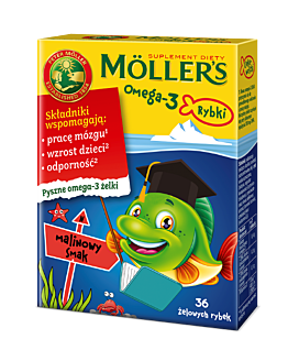 Mollers Omega-3 Rybki, Żelki z kwasami omega-3 i witaminą D3 dla dzieci, Smak malinowy