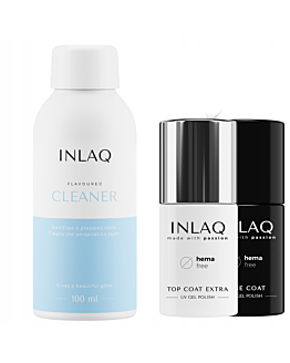 INLAQ Baza Hybrydowa, 6 ml + Top Hybrydowy Nabłyszczający, 6 ml + Cleaner, 100 ml