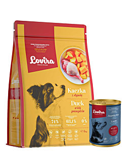 Lovira Karma dla psa Sucha kaczka 3 kg + Mokra Puszka Jagnięcina 400 g