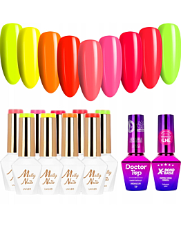 MollyNails Neons Zestaw 9 Lakierów Hybrydowych Do Paznokci 8g + Baza X-Bond Base 10g + Top Doctor Top 10g