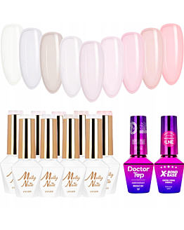 MollyNails French Manicure Zestaw 9 Lakierów Hybrydowych Do Paznokci 8g + Baza X-Bond Base 10g + Top Doctor Top 10g