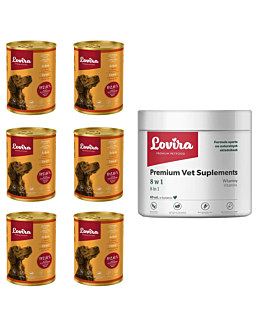 Lovira Zestaw: Suplementy 8 w 1 60 szt + 6x Karma Mokra Jeleń 0,4 kg