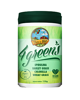 This is BIO 4GREENS, Mieszanka: Chlorella, Spirulina, Młody Jęczmień, Młoda Pszenica, smak naturalny, 110g