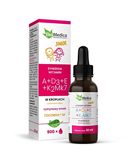 EkaMedica Junior, Synergia witamin A+D3+E+K2Mk7, Krople, Smak cytrynowy, 30 ml
