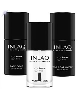 INLAQ Baza Hybrydowa, 6 ml + Top Hybrydowy Matowy, 6 ml + Kwasowy Primer, 7 ml