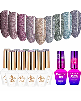 MollyNails Flashing Lights Zestaw 9 Lakierów Hybrydowych Do Paznokci 8g + Baza X-Bond Base 10g + Top Doctor Top 10g