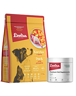 Lovira Zestaw: Suplementy 8 w 1 60 szt + Karma Sucha Kaczka 3 kg