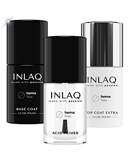 INLAQ Baza Hybrydowa, 6 ml + Top Hybrydowy Nabłyszczający, 6 ml + Kwasowy Primer, 7 ml