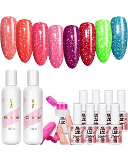 AlleLac Zestaw Flash Glitter 8x6 g Lakier Hybrydowy Do Paznokci + Cleaner + Remover + Dozownik v2