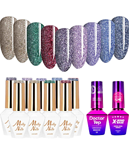 MollyNails Flashing Lights 3 Zestaw 9 Lakierów Hybrydowych Do Paznokci 8g + Baza X-Bond Base 10g + Top Doctor Top 10g