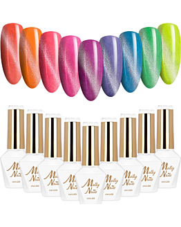 MollyNails Neon Flashy Cat Eye Zestaw 9 Lakierów Hybrydowych Do Paznokci 8g