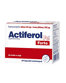 Actiferol Fe Forte, Bioprzyswajalne żelazo 30 mg + kwas foliowy 200mcg, Kapsułki otwierane