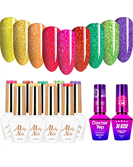 MollyNails Flashing Lights Neon Zestaw 9 Lakierów Hybrydowych Do Paznokci 8g + Baza X-Bond Base 10g + Top Doctor Top 10g