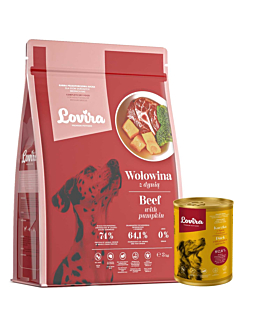 Lovira Karma dla psa Sucha Wołowina 3 kg + Mokra Puszka Kaczka 400 g