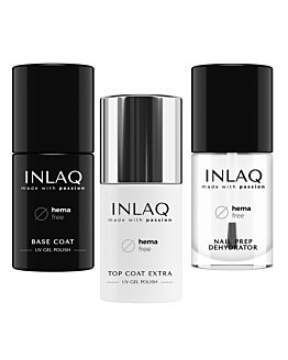 INLAQ Baza Hybrydowa, 6 ml + Top Hybrydowy Nabłyszczający, 6 ml + Odtłuszczacz do Paznokci, 7 ml