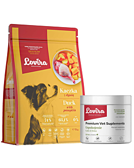 Lovira Zestaw: Suplementy na Uspokojenie 120 szt + Karma Sucha Kaczka 3 kg
