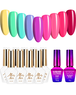 MollyNails Sorbet Zestaw 9 Lakierów Hybrydowych Do Paznokci 8g + Baza Top