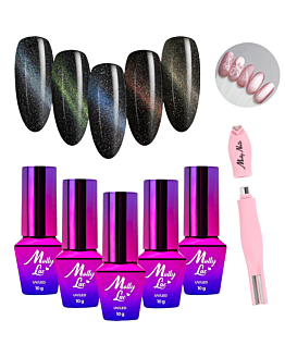 MollyLac Magnetyczny Cat Eye Zestaw 5 Lakierów Hybrydowych Do Paznokci 10g Magnetyzer
