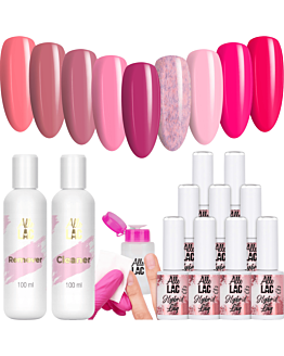 AlleLac Zestaw Pinks 9x6 g Lakier Hybrydowy Do Paznokci + Cleaner + Remover + Dozownik v2