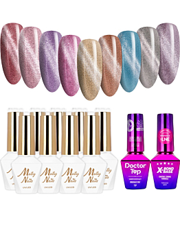 MollyNails Cat Eye Womanity v2.0 Zestaw 9 Lakierów Hybrydowych Do Paznokci 8g + Baza Top
