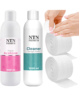 NTN Premium 2x1000 ml Cleaner Do Paznokci Kosmetyczny Odtłuszczacz + 1000x Waciki