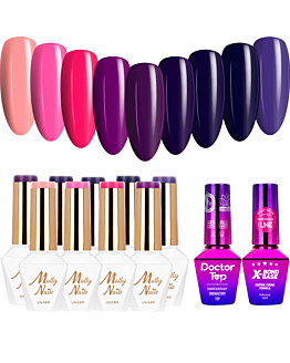 MollyNails Inspired by You Zestaw 9 Lakierów Hybrydowych Do Paznokci 8g + Baza X-Bond Base 10g + Top Doctor Top 10g