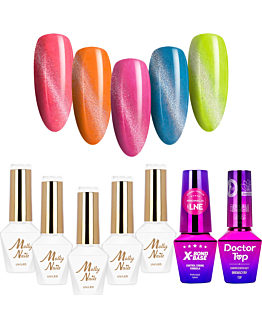MollyNails Skittle Nails Cat Eye Zestaw 7w1 Do Paznokci Baza Top