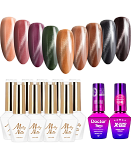 MollyNails Cat Eye Metallic Zestaw 9 Lakierów Hybrydowych Do Paznokci 8g + Baza Top