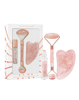 Crystallove Rose Quartz Beauty Set (Roller do twarzy + Płytka Gua Sha + Buteleczka Roll-On)