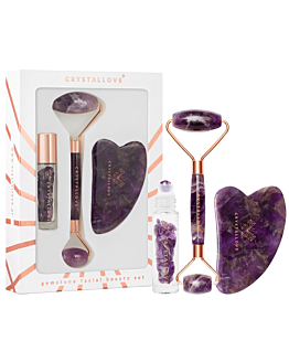 Crystallove Amethyst Beauty Set (Masażer do twarzy + Płytka Gua Sha + Buteleczka Roll-On)