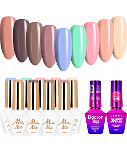 MollyNails Delicate Woman Zestaw 9 Lakierów Hybrydowych Do Paznokci 8g + Baza X-Bond Base 10g + Top Doctor Top 10g