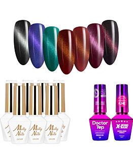 MollyNails Cat Eye Seduction Zestaw 7 Lakierów Hybrydowych Do Paznokci 8g + Baza Top
