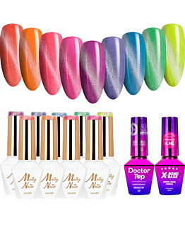 MollyNails Neon Flashy Cat Eye Zestaw 9 Lakierów Hybrydowych Do Paznokci 8g + Baza X-Bond Base 10g + Top Doctor Top 10g