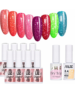 AlleLac Flash Glitter Zestaw 8 Lakierów Hybrydowych Do Paznokci 6g Baza Top