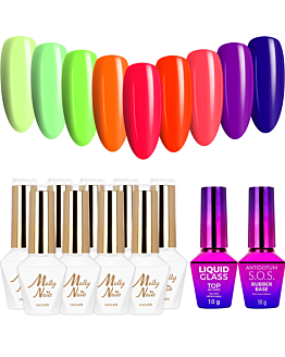 MollyNails Vivid Vibes Zestaw 9 Lakierów Hybrydowych Do Paznokci 8g + Baza Top