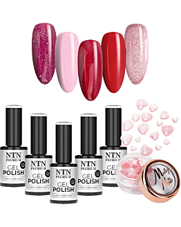 NTN Premium Zestaw Walentynkowy 5x5 g Lakier Hybrydowy Do Paznokci 5w1 + Ozdoby Serca