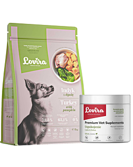 Lovira Zestaw: Suplementy na Uspokojenie 120 szt + Karma Sucha Indyk 3 kg