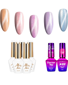 MollyNails Cat Eye Pastel Zestaw 5 Lakierów Hybrydowych Do Paznokci 8g Baza Top