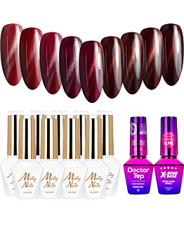 MollyNails Cat Eye Reds Zestaw 9 Lakierów Hybrydowych Do Paznokci 8g + Baza Top