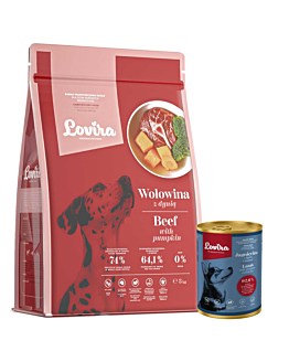 Lovira Karma dla psa Sucha Wołowina 3 kg + Mokra Puszka Jagnięcina 400 g