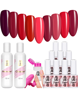 AlleLac Zestaw Reds 9x6 g Lakier Hybrydowy Do Paznokci + Cleaner + Remover + Dozownik v2