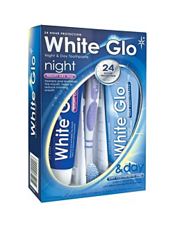 White Glo Night & Day Whitening Toothpaste zestaw pasta do zębów, 65ml + żel na noc, 65ml + szczoteczka do zębów