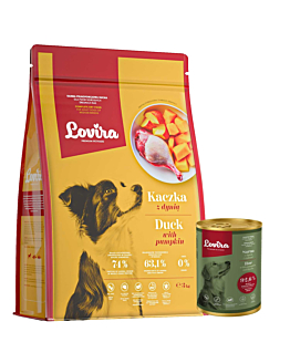Lovira Karma dla psa Sucha kaczka 3 kg + Mokra Puszka Sarna 400 g