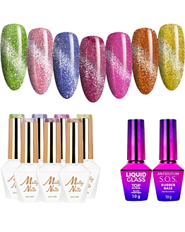 MollyNails Cat Eye Glacier Crush Zestaw 7 Lakierów Hybrydowych Do Paznokci 8g + Baza Top