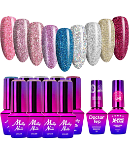 MollyNails Luxury Glam Zestaw 9 Lakierów Hybrydowych Do Paznokci 8g + Baza X-Bond Base 10g + Top Doctor Top 10g