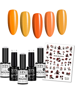 NTN Premium Zestaw 5 Lakierów Hybrydowych Dyniowe Halloween Jesień 5x5 g + Naklejki Halloween MS-C224